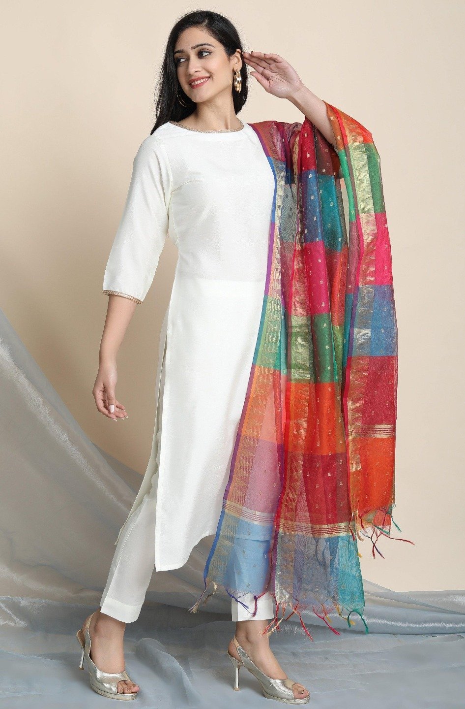 Women's Off-White Poly Silk Kurta With Pant And Dupat