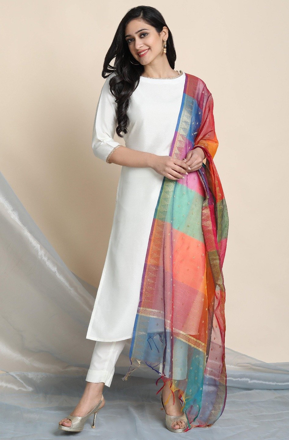 Women's Off-White Poly Silk Kurta With Pant And Dupatta-Final Clearance Sale