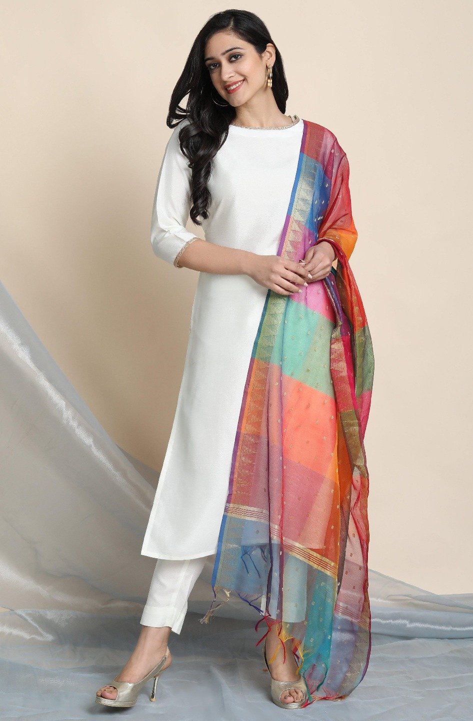 Women's Off-White Poly Silk Kurta With Pant And Dupat