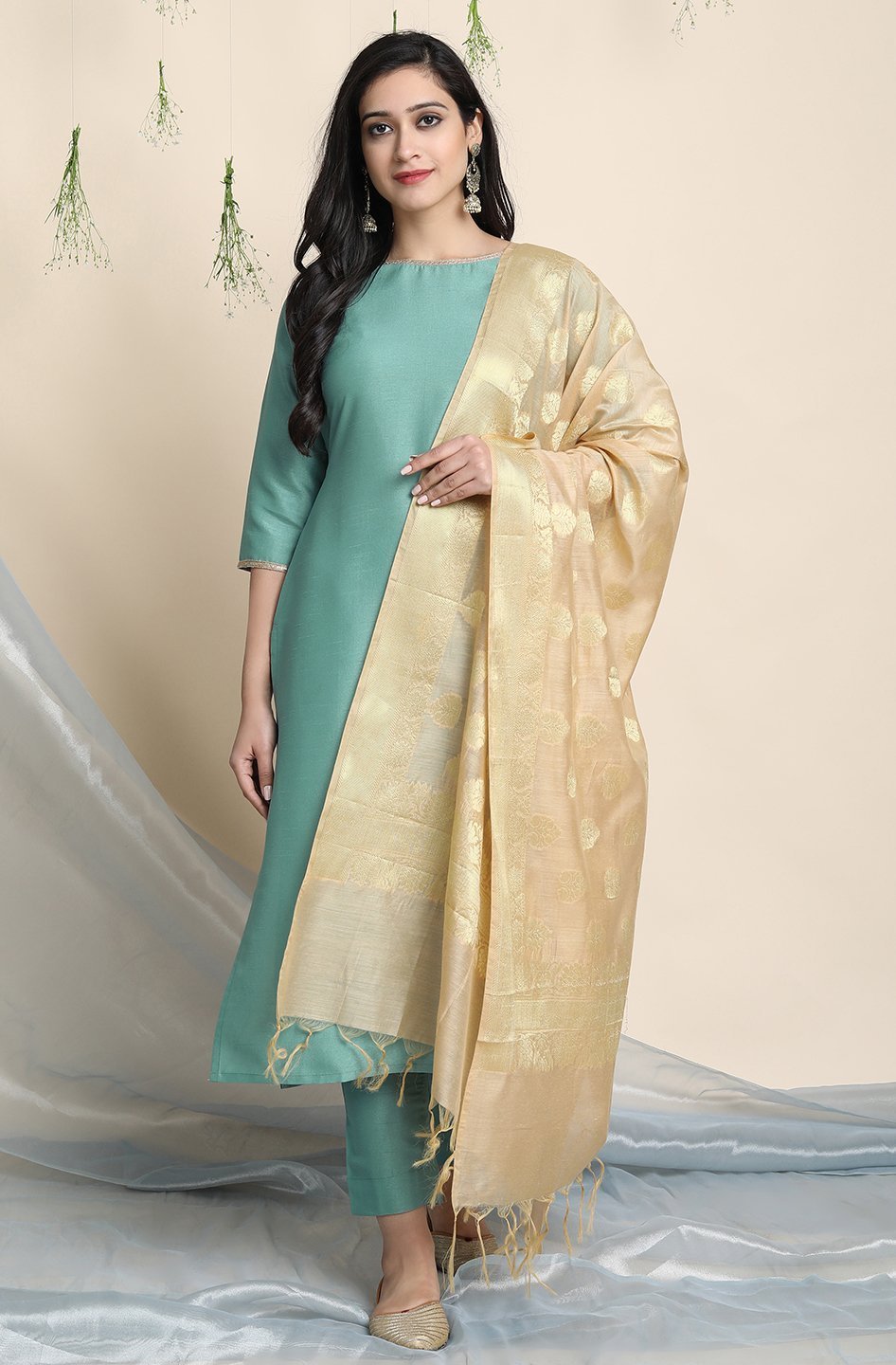 Women's Green Poly Silk Kurta With Pant And Dupatta by - (3pcs set)- Final Clearance Sale