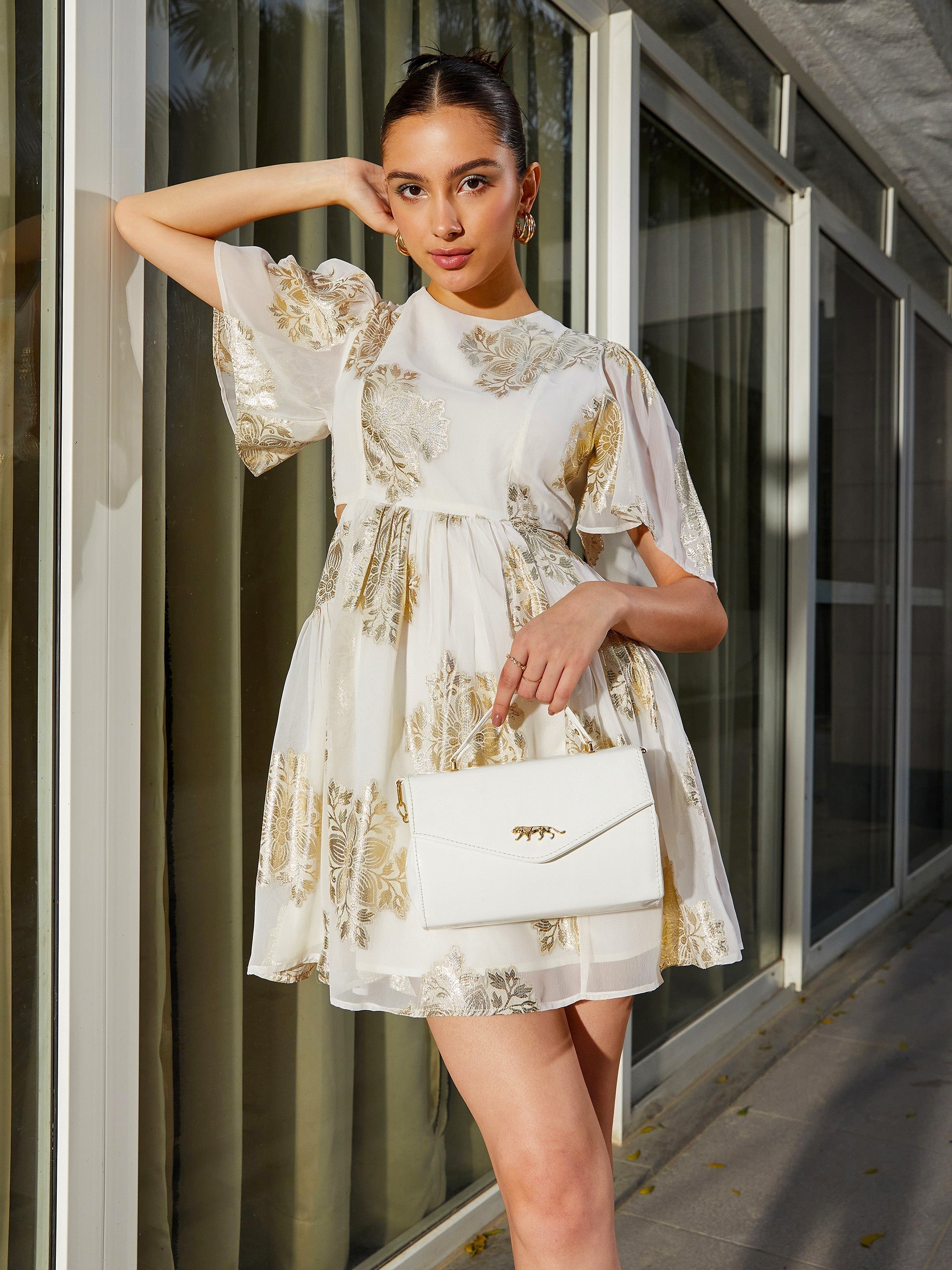 Women's White Jacquard Waist Cut Out Skater Dress