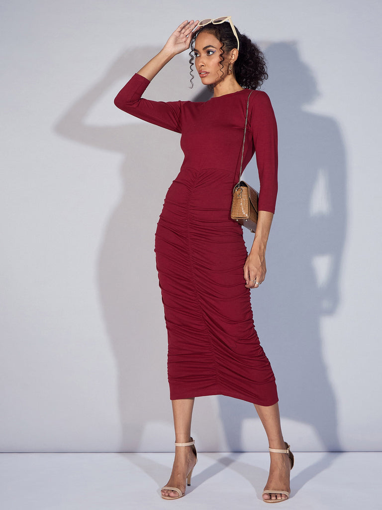 Women's Maroon Solid Dress