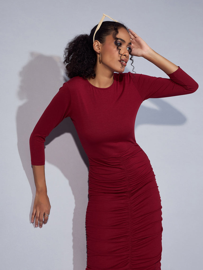 Women's Maroon Solid Dress