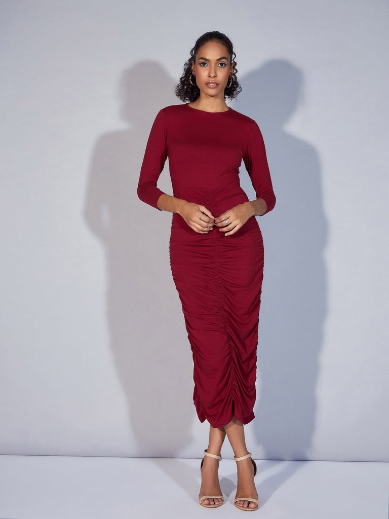 Women's Maroon Solid Dress