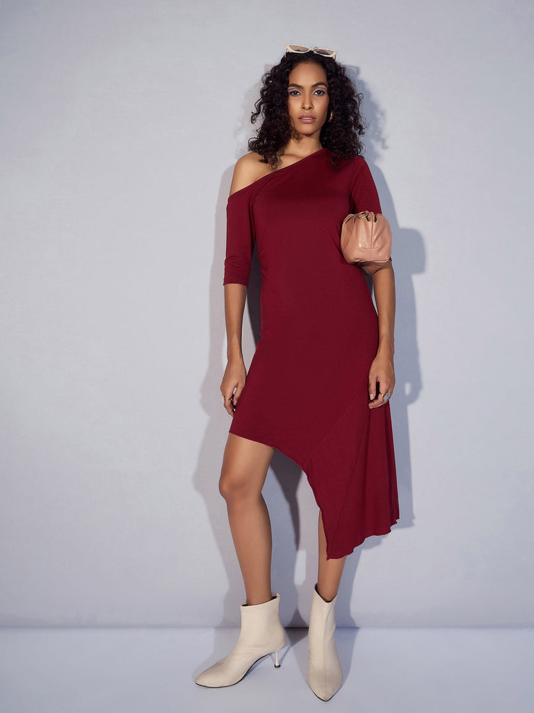 Women's Maroon Solid Dress