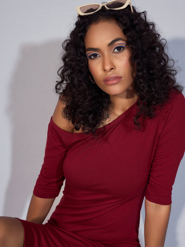 Women's Maroon Solid Dress