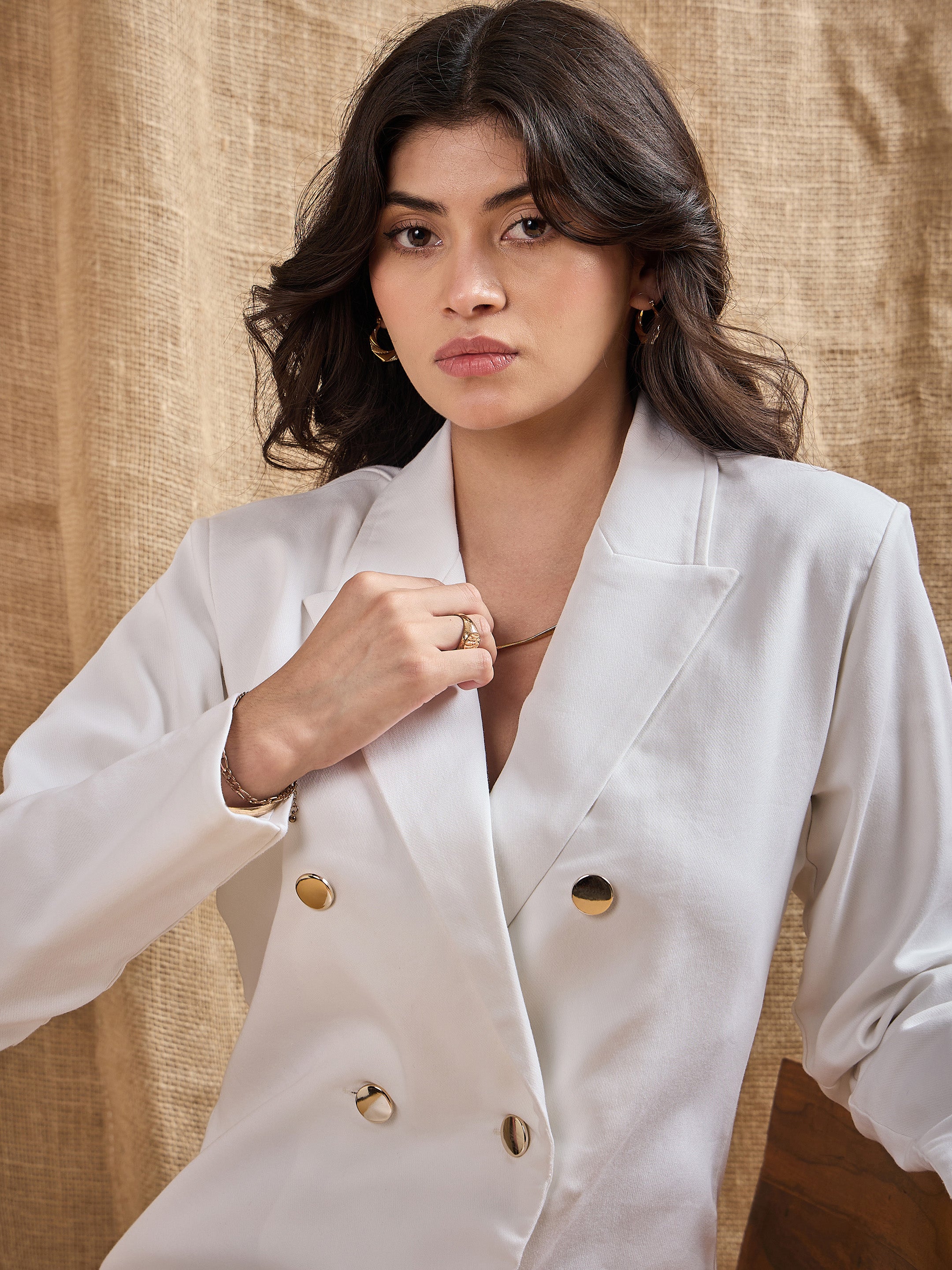 Sassafras Women White Full Sleeves Double Breasted Blazer Dress L / White Sassafras Women White Full Sleeves Double Breasted Blazer Dress L / White