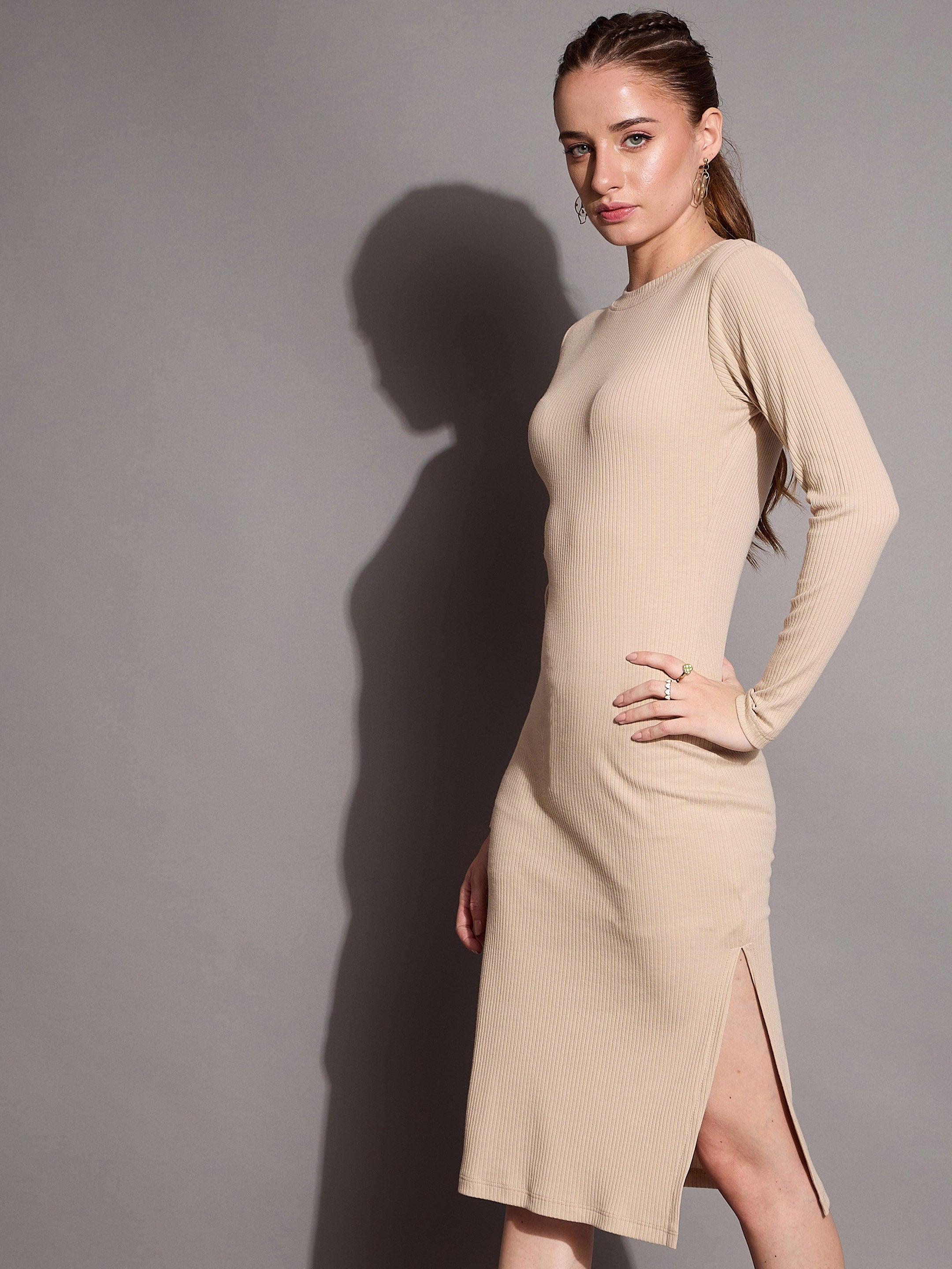 Women's Beige Rib Dress - Sassafras