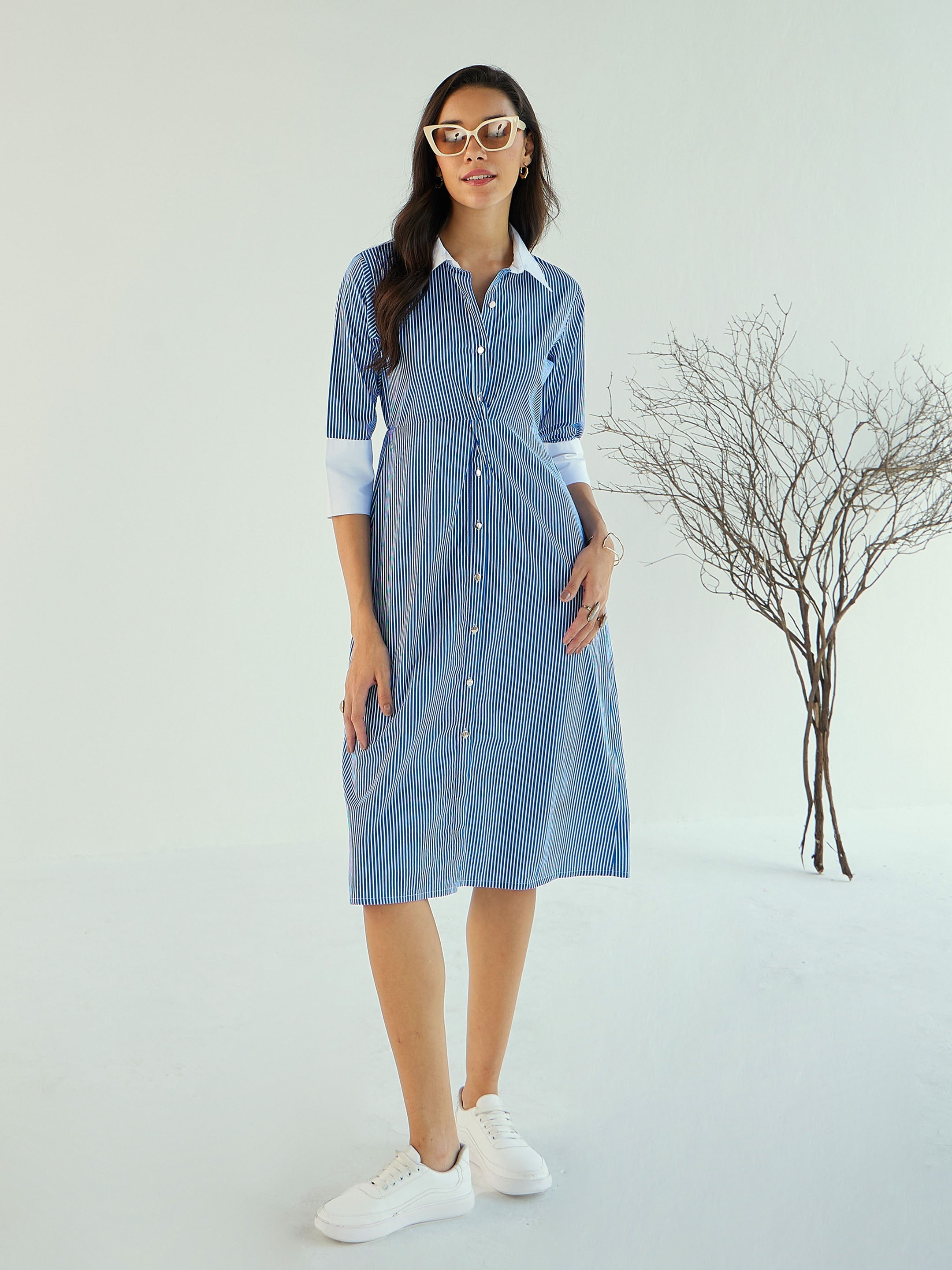 Women's Blue Striped Dress - Sassafras