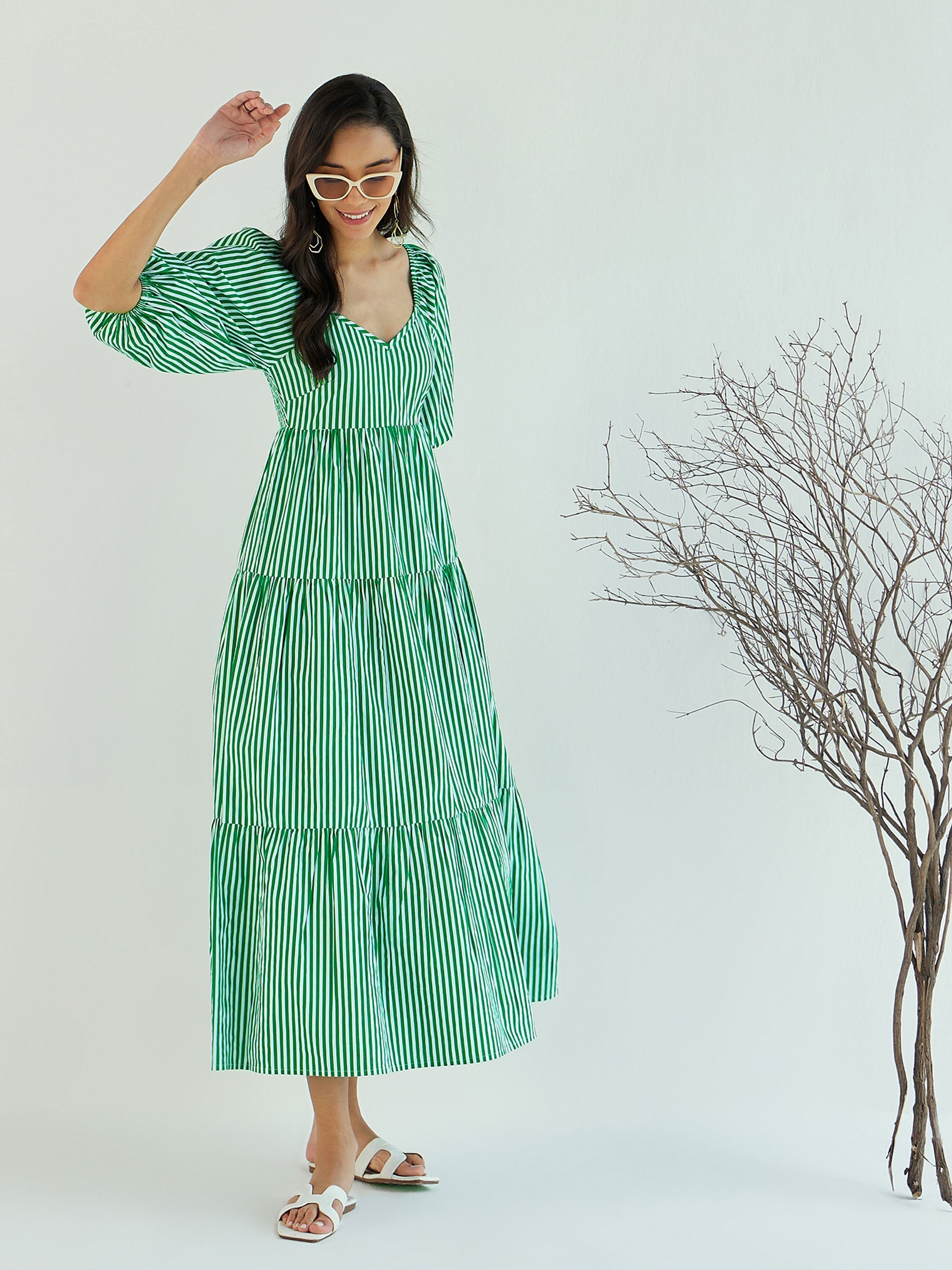 Women's Green Striped Dress - Sassafras