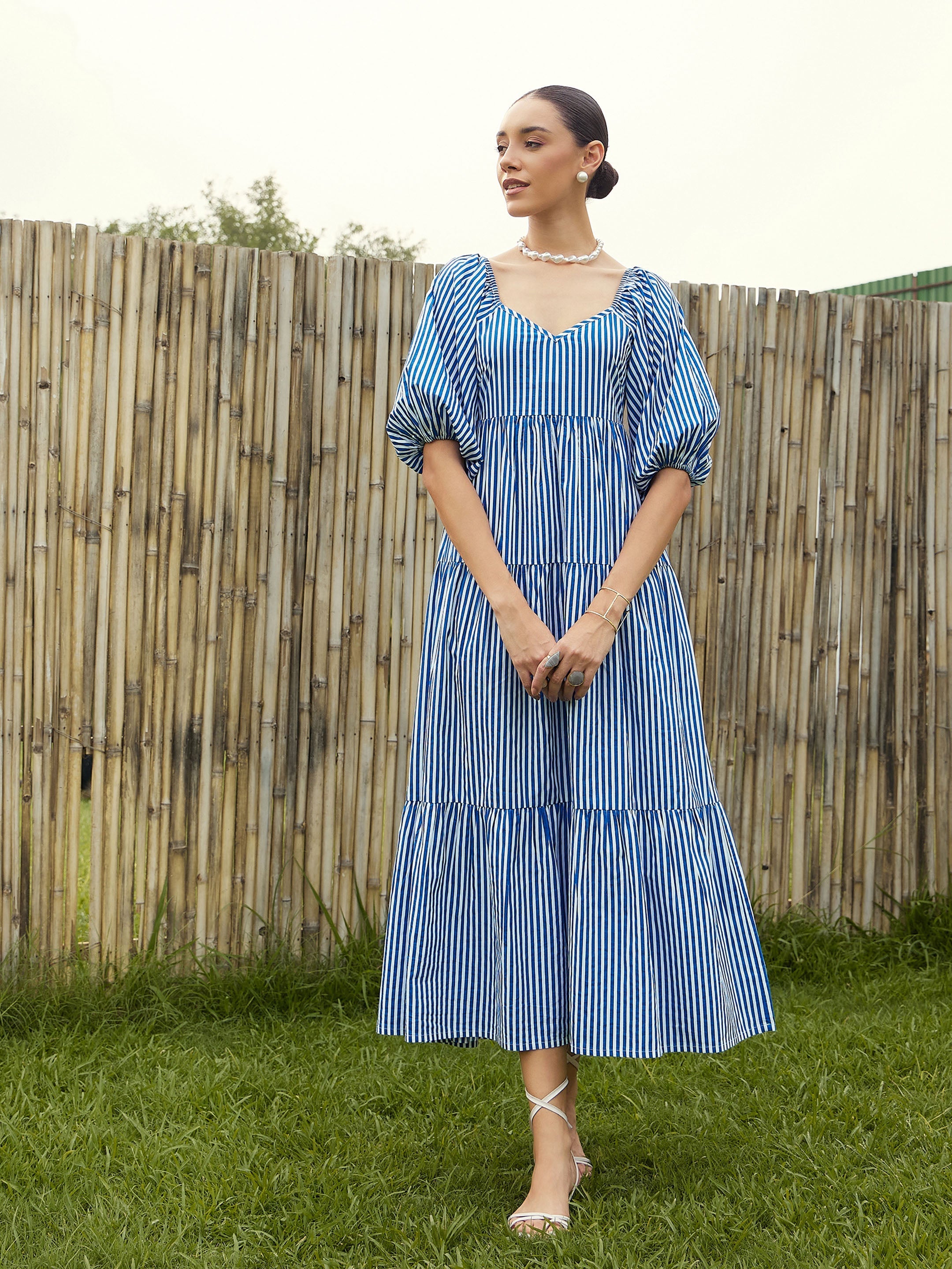 Sassafras Women Blue & White Stripe V-Neck Tiered Dress XXL / Blue Sassafras Women Blue & White Stripe V-Neck Tiered Dress XXL / Blue