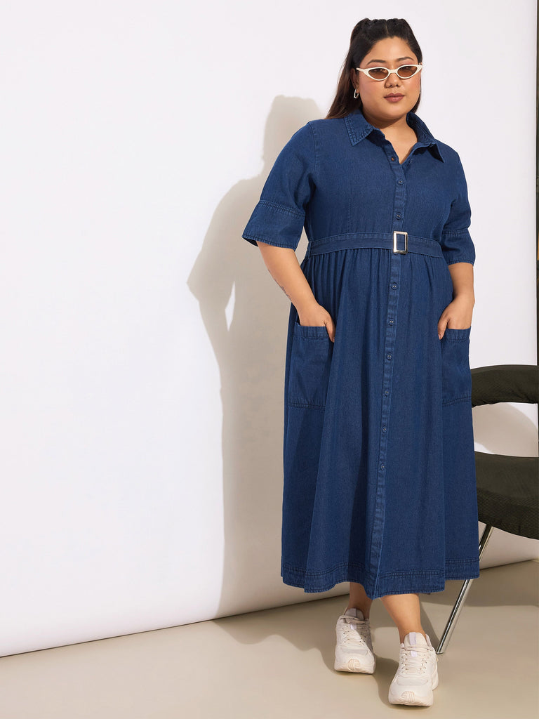 Women's Navy Tencel Front Button Midi Dre