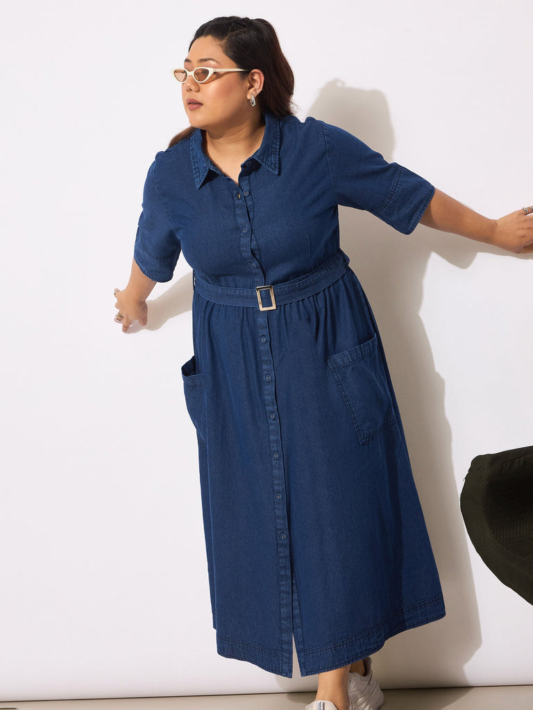 Women's Navy Tencel Front Button Midi Dre