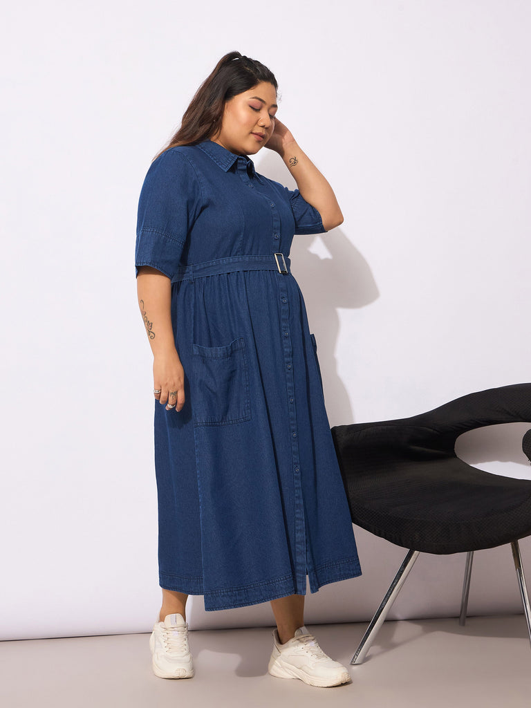 Women's Navy Tencel Front Button Midi Dre