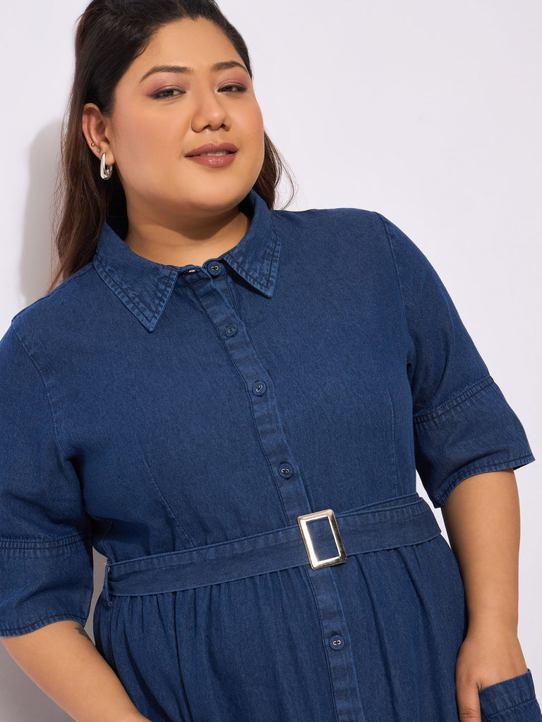 Women's Navy Tencel Front Button Midi Dre