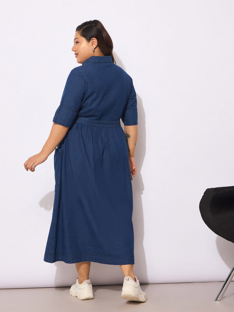 Women's Navy Tencel Front Button Midi Dre