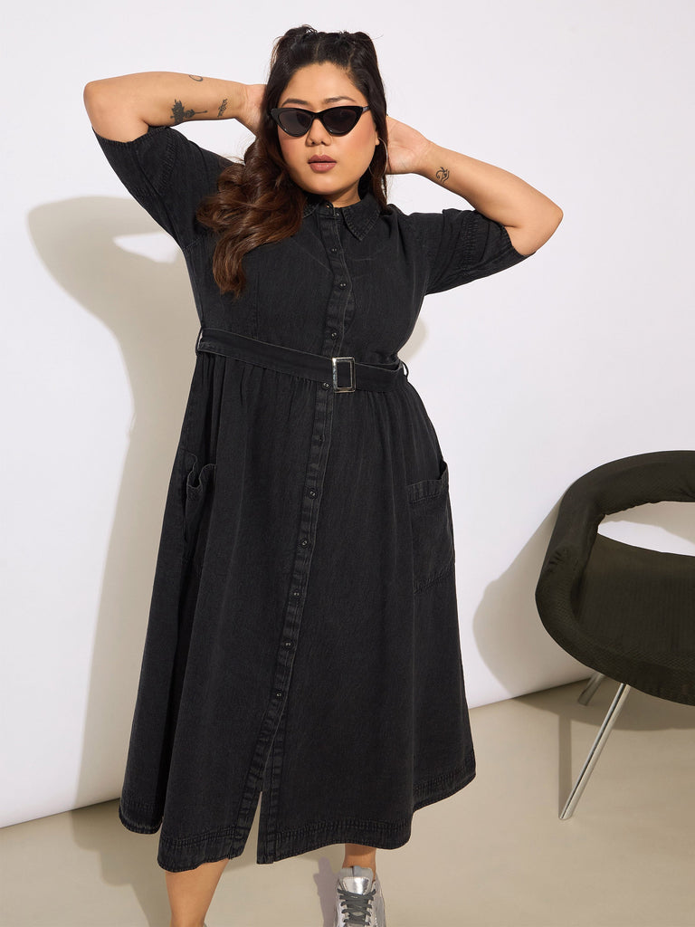 Women's Black Tencel Front Button Midi Dre