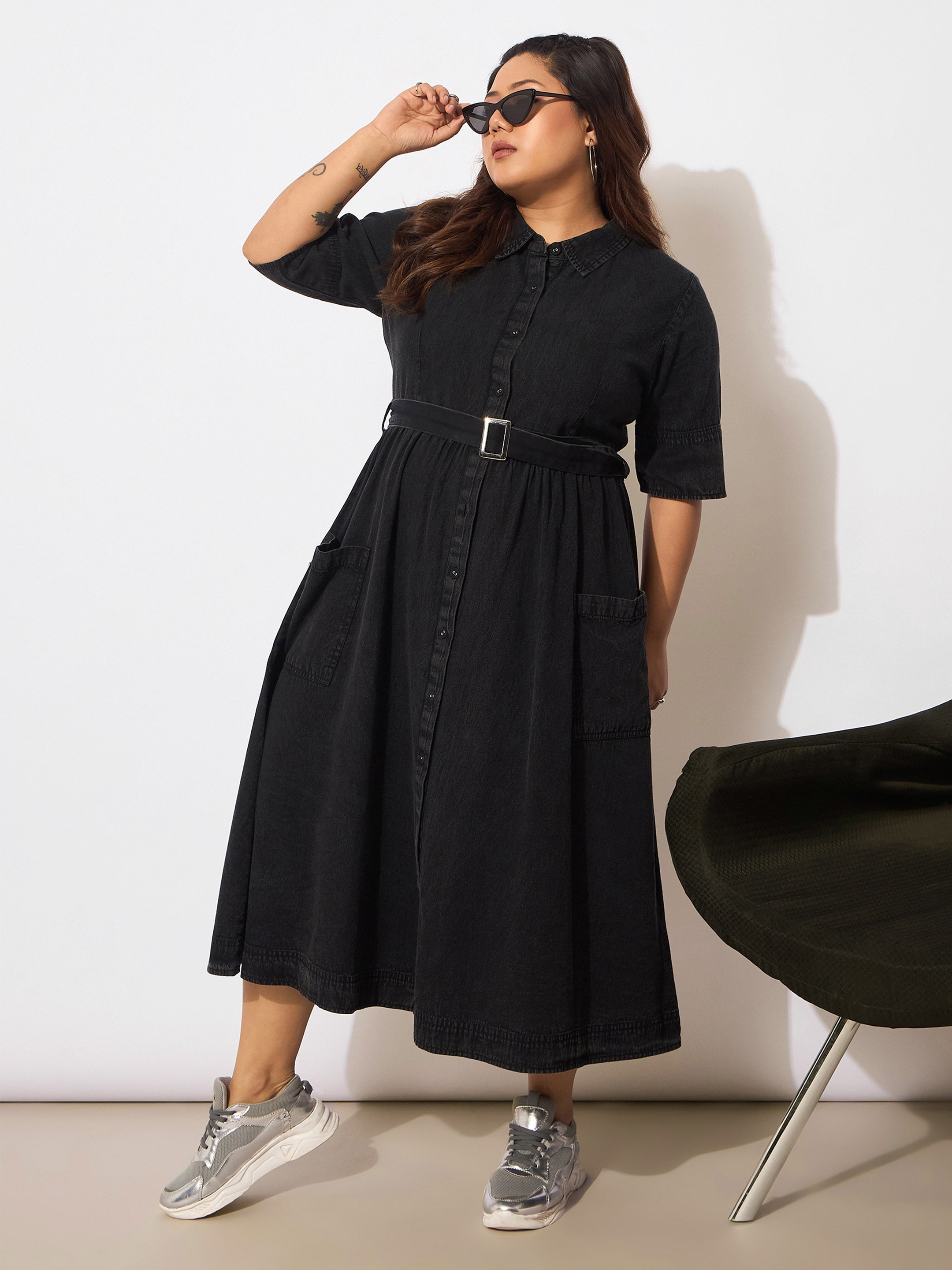 Women's Black Tencel Front Button Midi Dress-SASSAFRAS