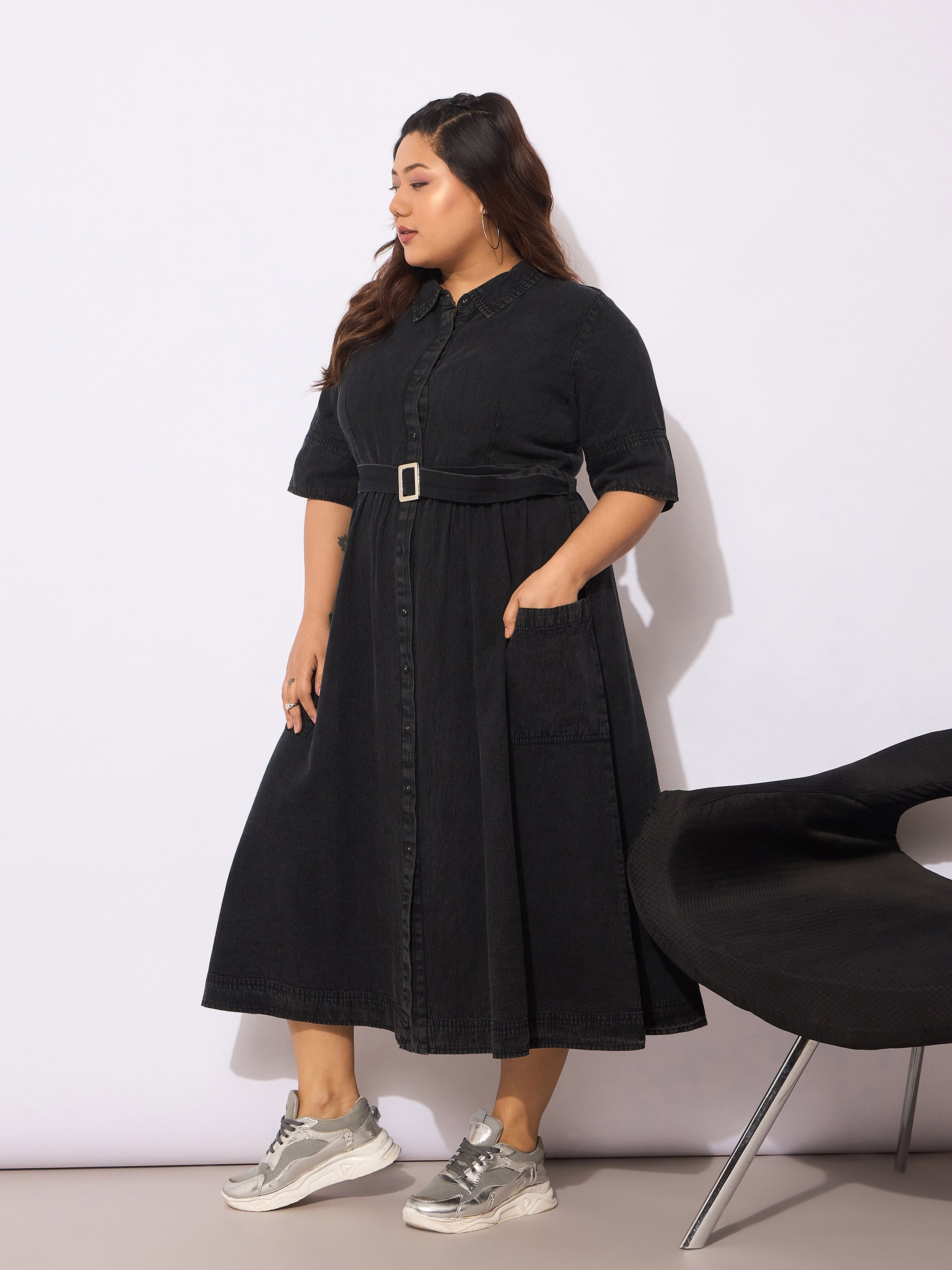 Women's Black Tencel Front Button Midi Dress-SASSAFRAS