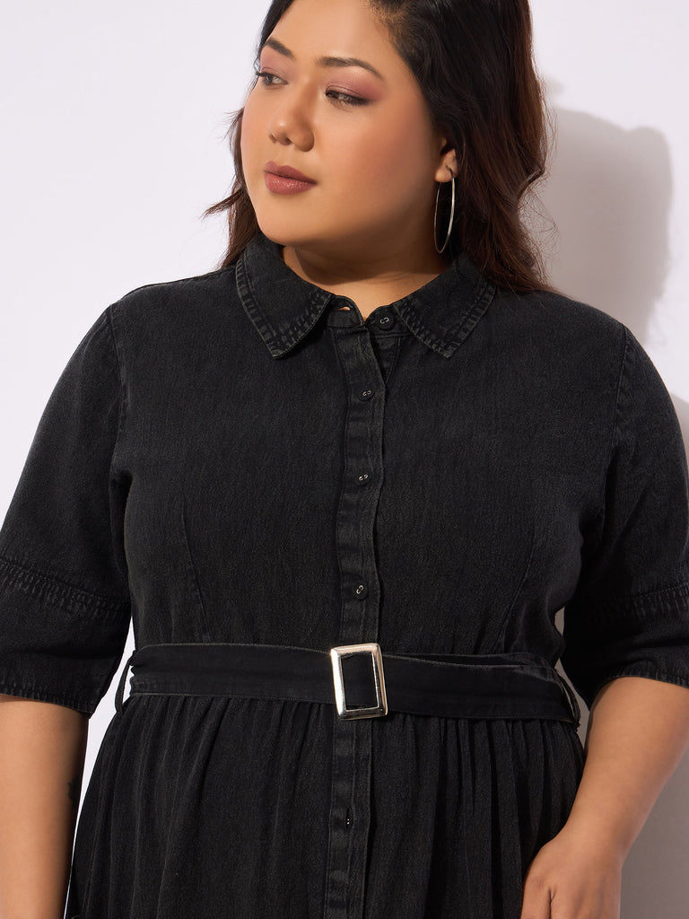 Women's Black Tencel Front Button Midi Dre