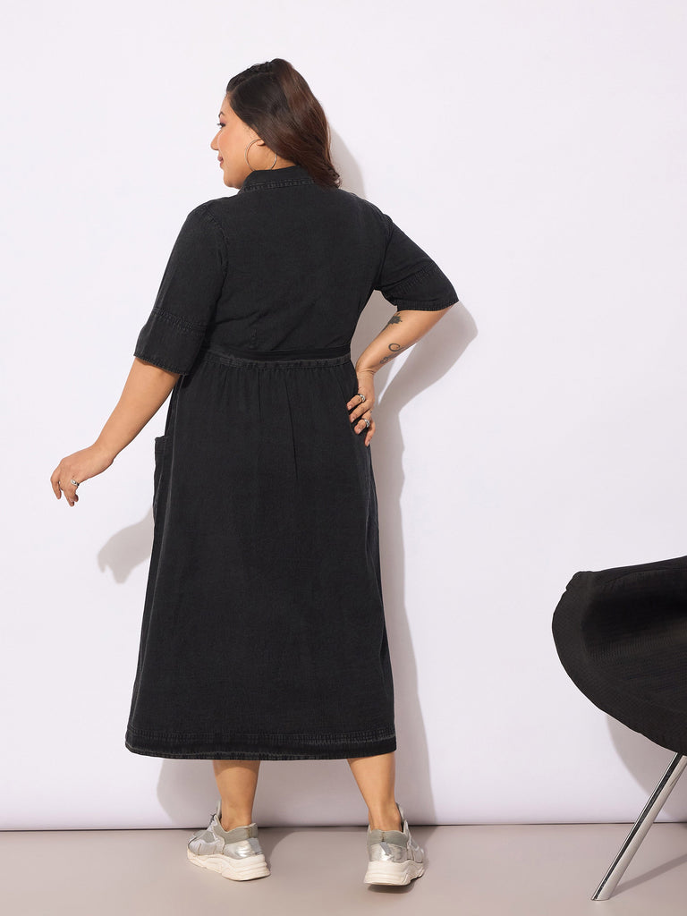 Women's Black Tencel Front Button Midi Dre