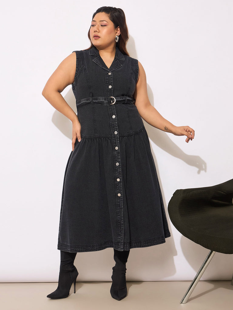 Women's Black Tencel Front Open Sleeveless Flared Dre