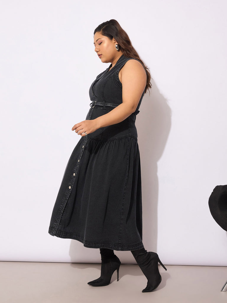Women's Black Tencel Front Open Sleeveless Flared Dre