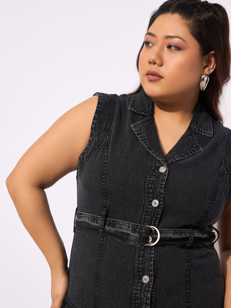 Women's Black Tencel Front Open Sleeveless Flared Dre