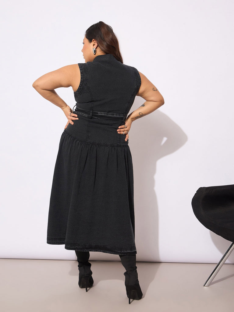 Women's Black Tencel Front Open Sleeveless Flared Dre