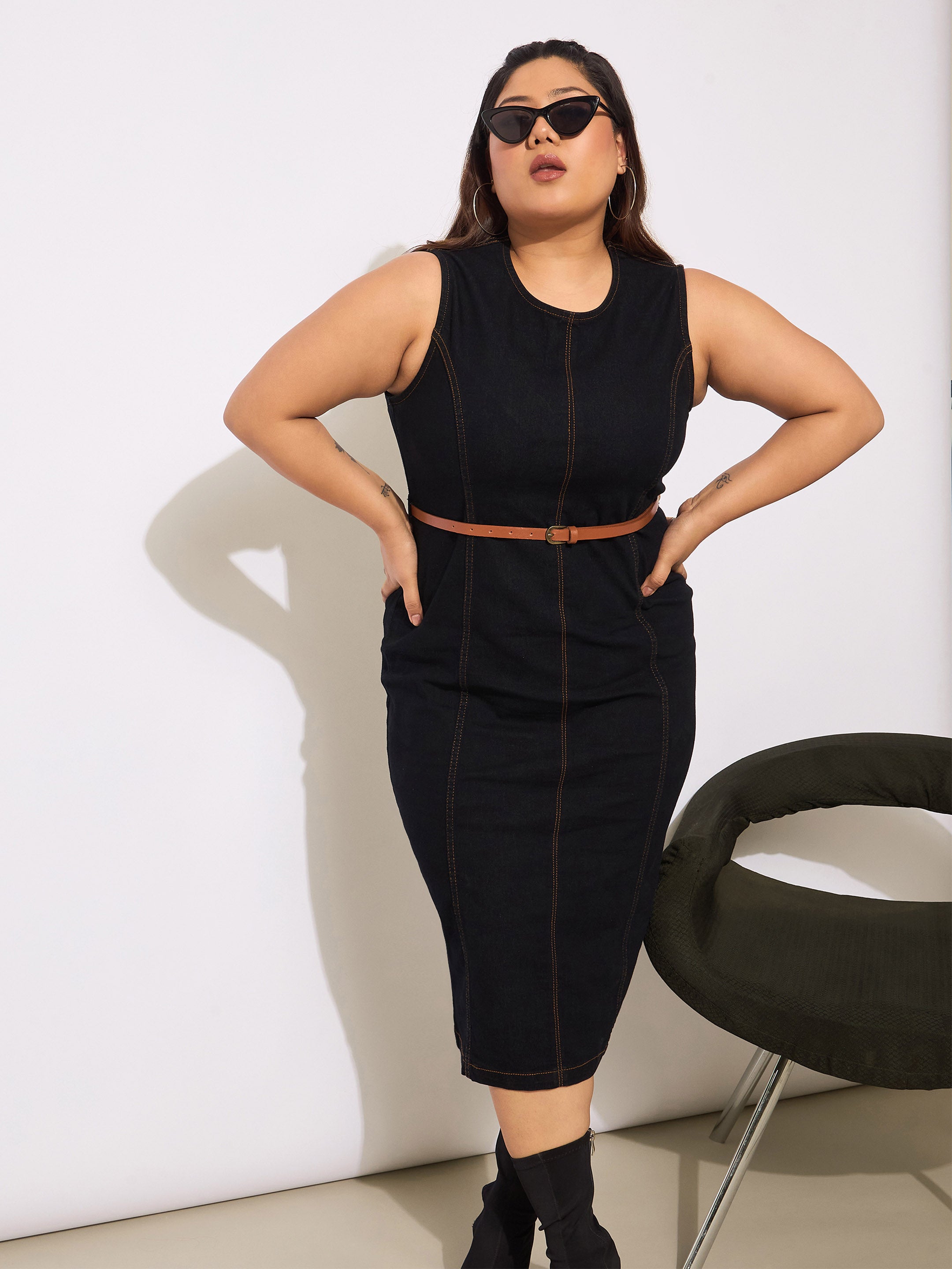 Women's Black Denim Sleeveless Belted Bodycon Dress-SASSAFRAS