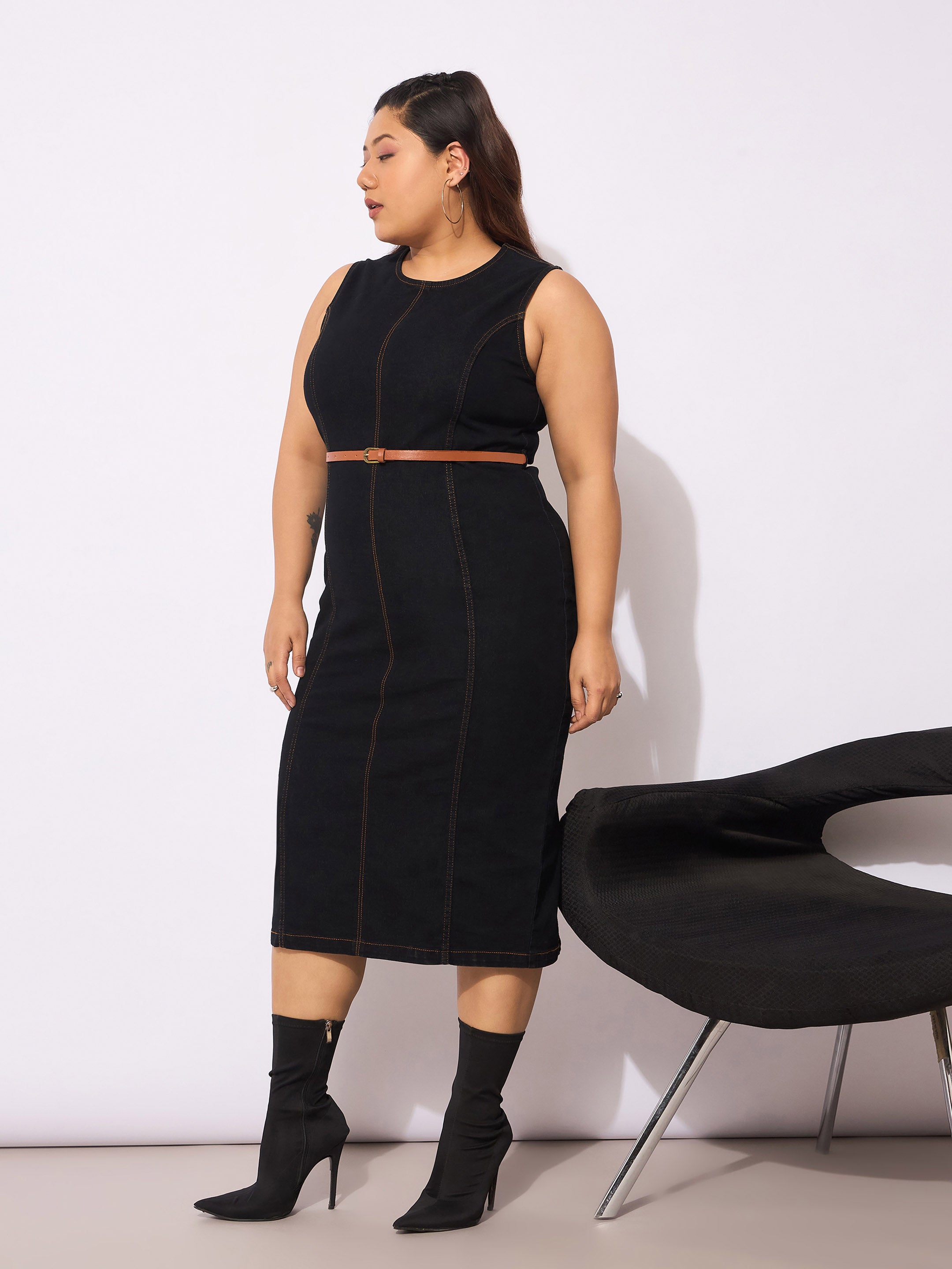 Women's Black Denim Sleeveless Belted Bodycon Dress-SASSAFRAS