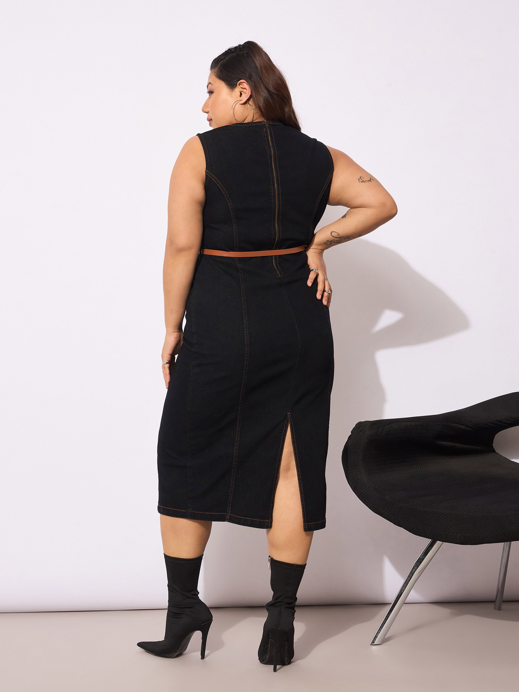 Women's Black Denim Sleeveless Belted Bodycon Dress-SASSAFRAS