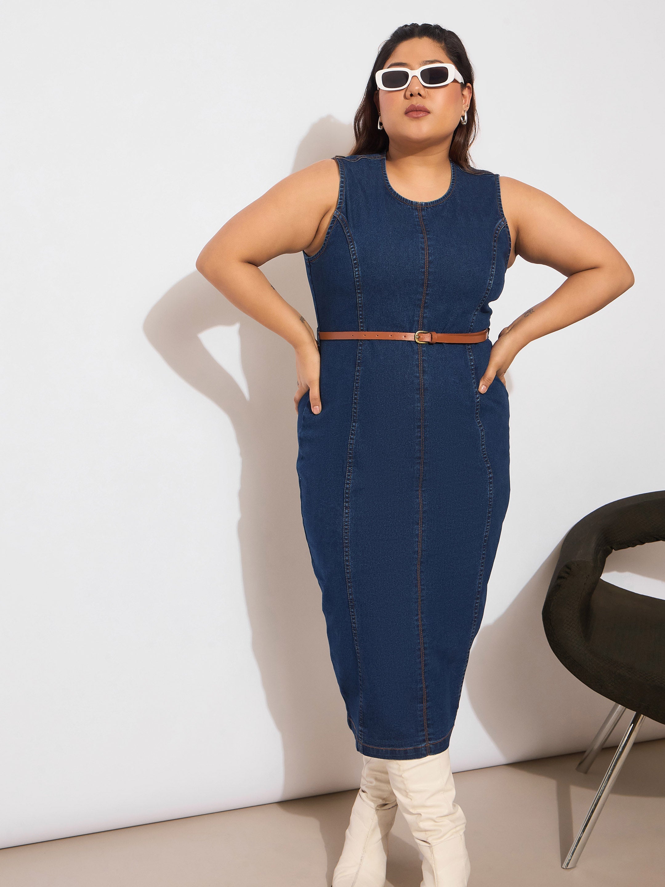 Women's Navy Denim Sleeveless Belted Bodycon Dress-SASSAFRAS