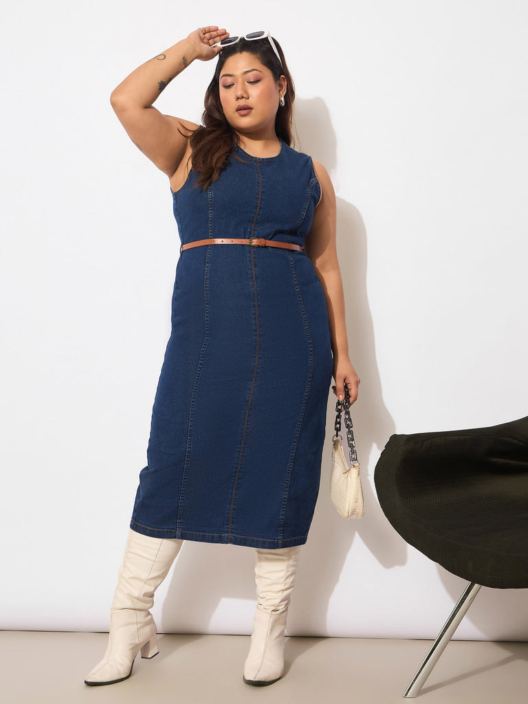 Women's Navy Denim Sleeveless Belted Bodycon Dre