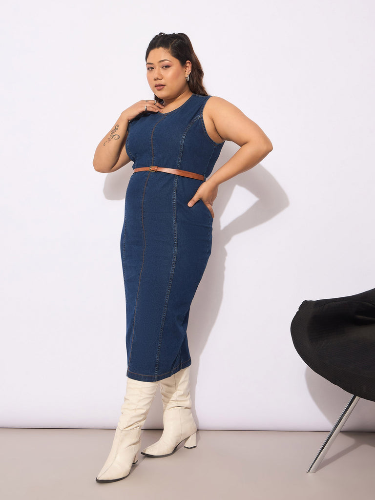 Women's Navy Denim Sleeveless Belted Bodycon Dre