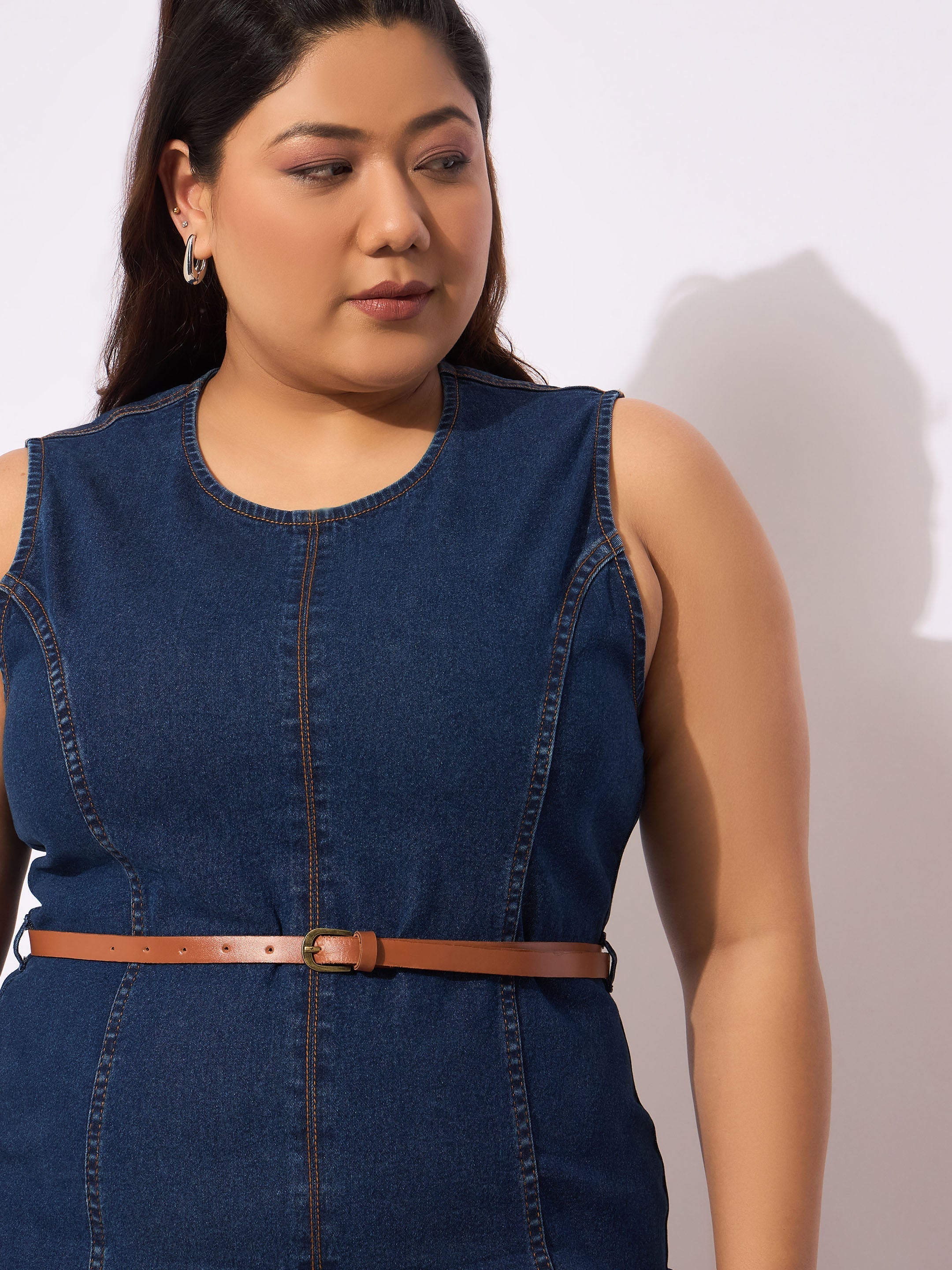 Women's Navy Denim Sleeveless Belted Bodycon Dress-SASSAFRAS