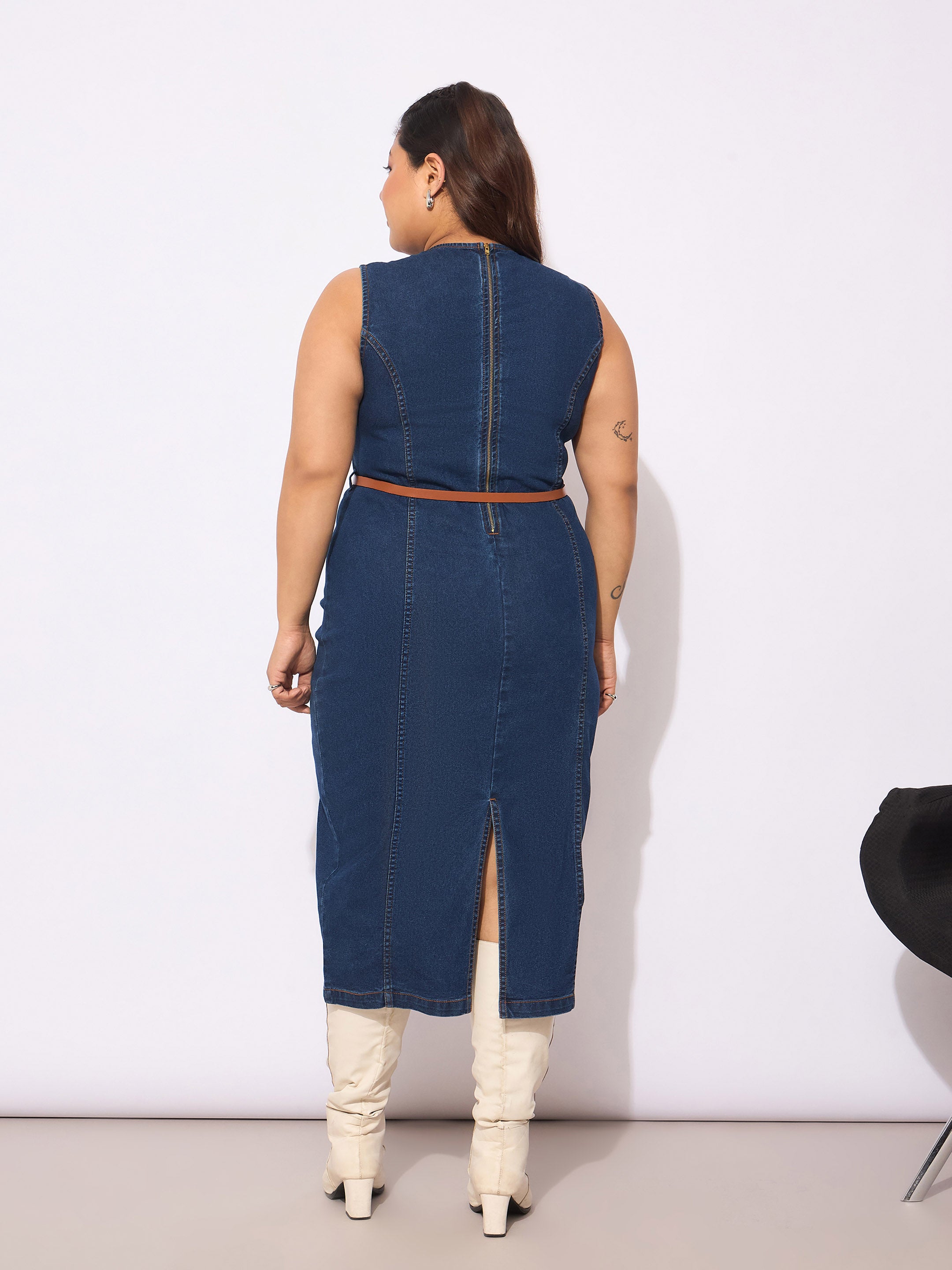 Women's Navy Denim Sleeveless Belted Bodycon Dress-SASSAFRAS