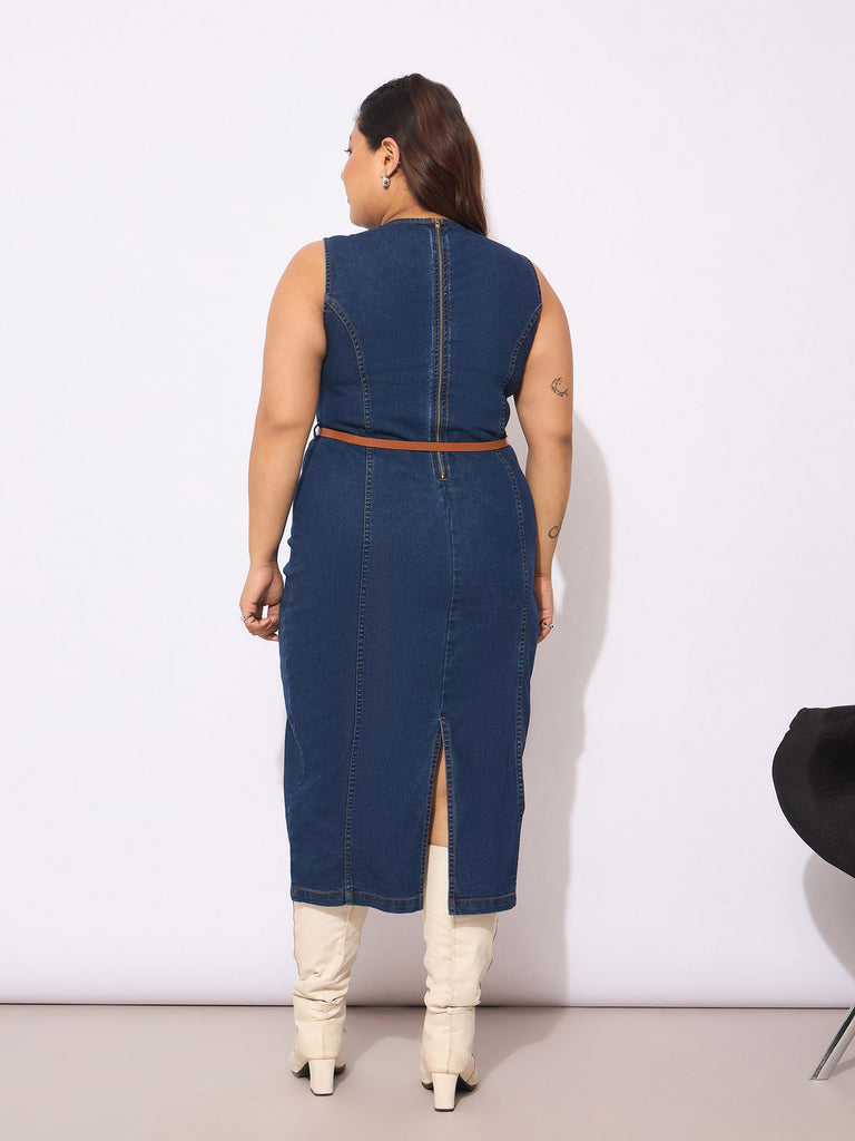Women's Navy Denim Sleeveless Belted Bodycon Dre