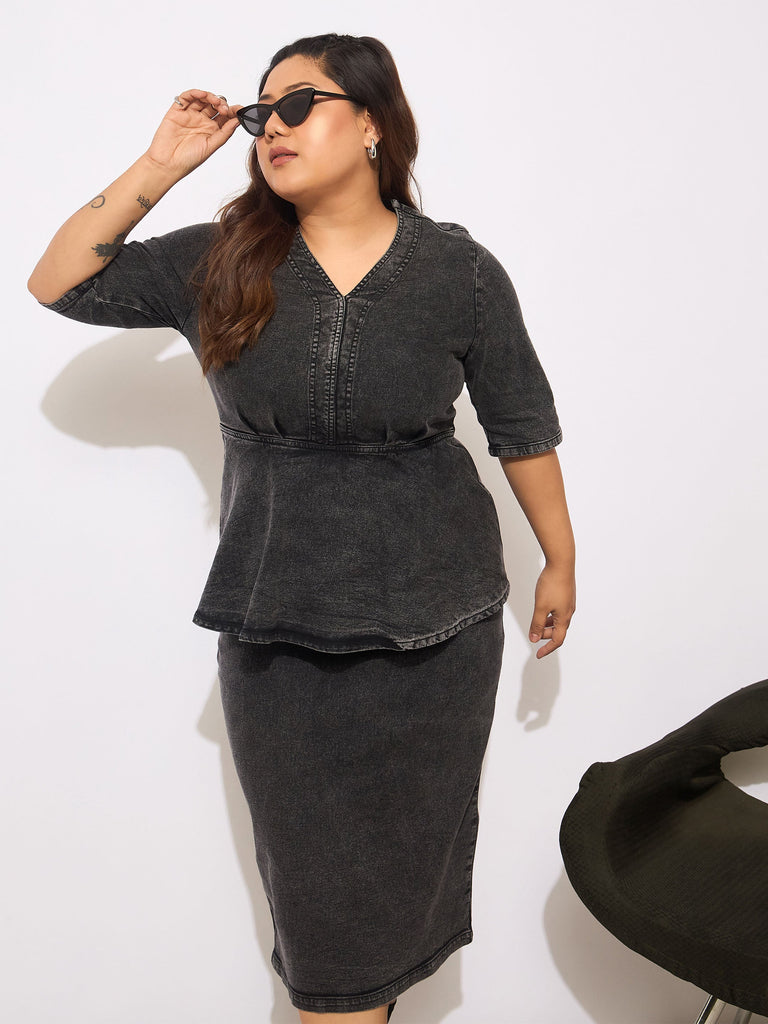 Women's Black Denim V Neck Front Peplum Dre