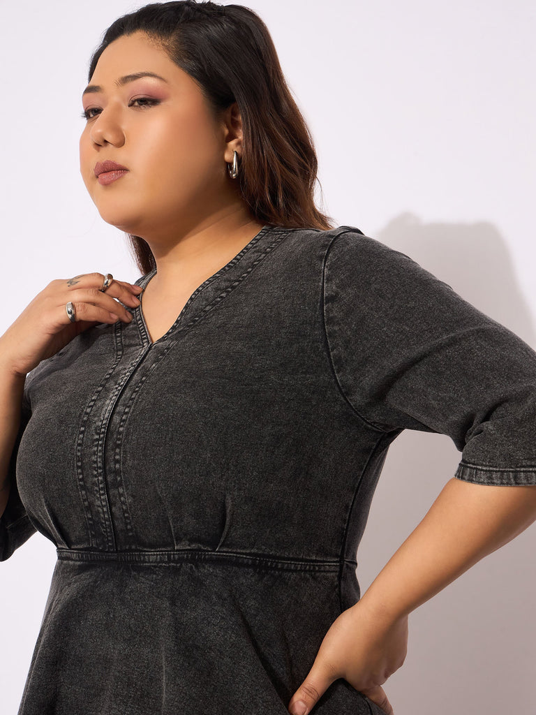 Women's Black Denim V Neck Front Peplum Dre