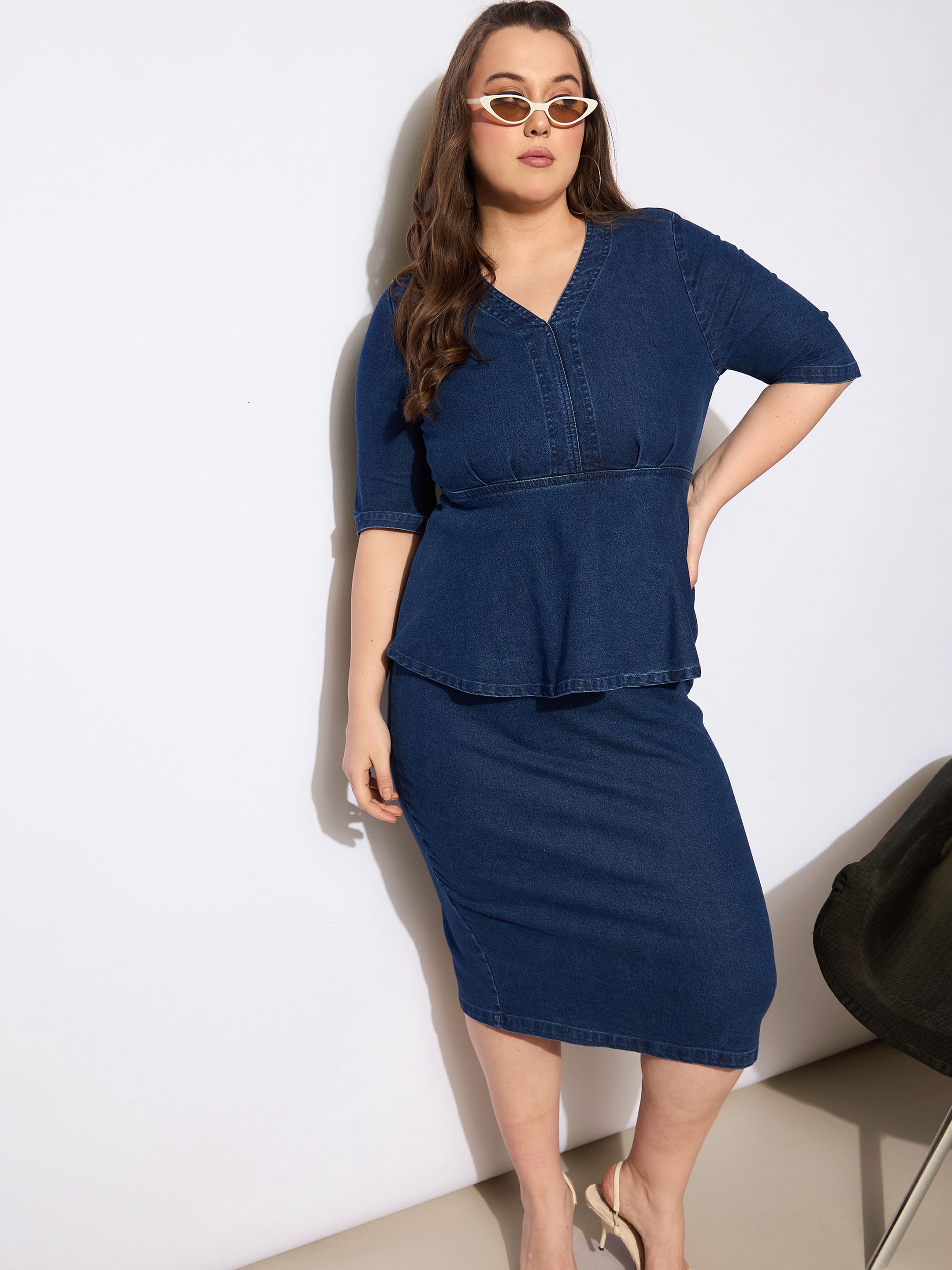 Women's Blue Denim V Neck Front Peplum Dress-SASSAFRAS