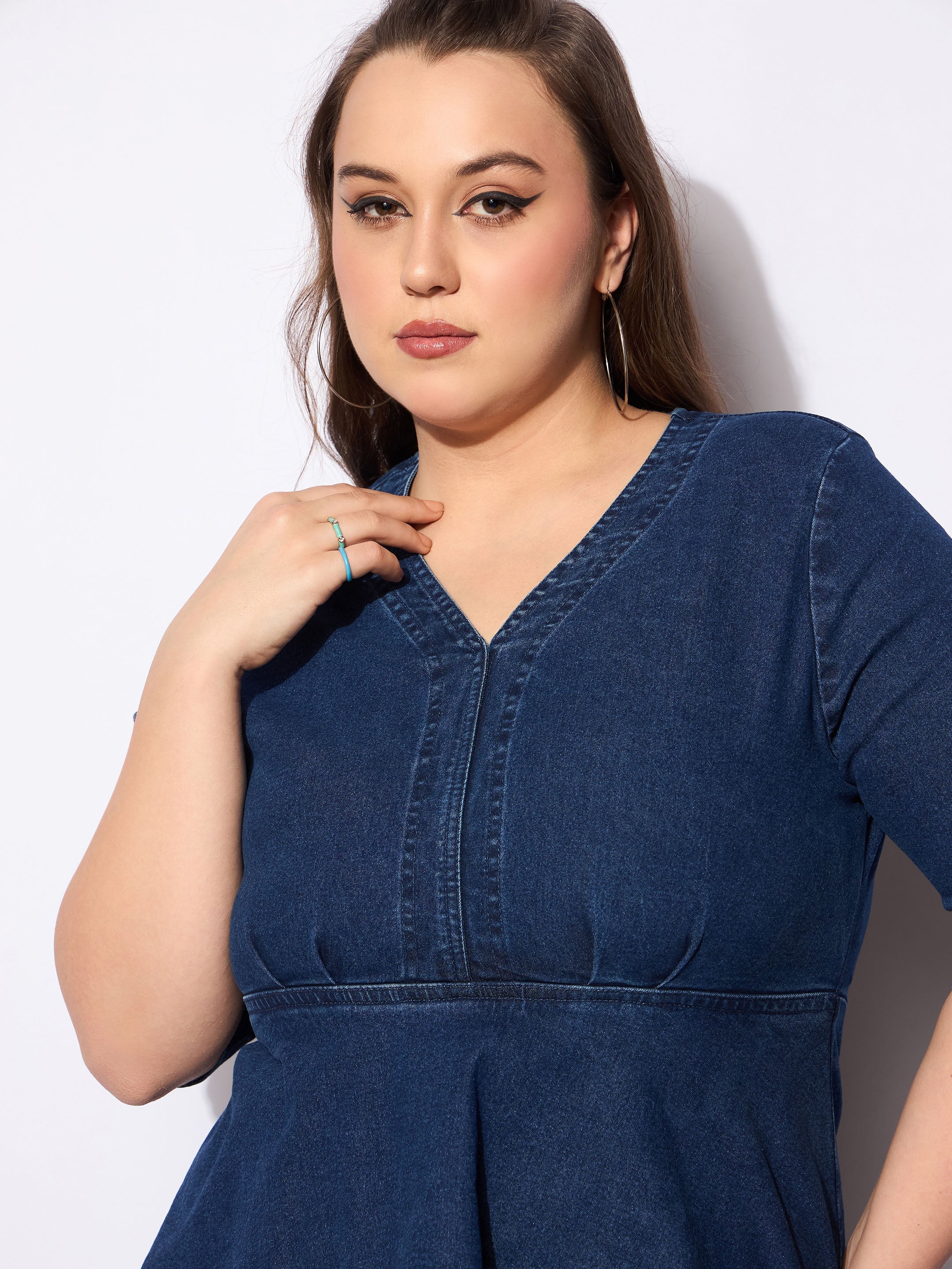 Women's Blue Denim V Neck Front Peplum Dress-SASSAFRAS