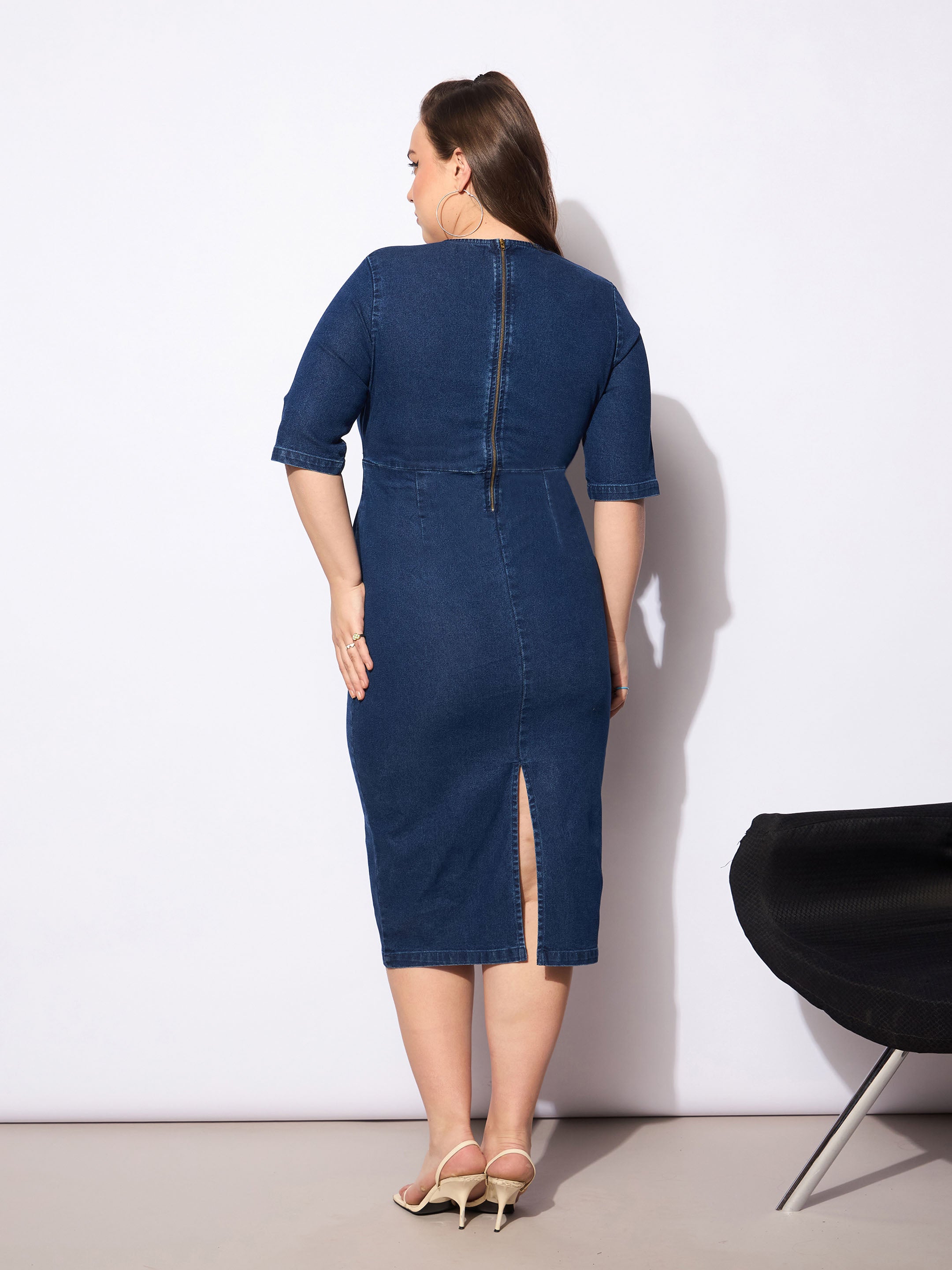 Women's Blue Denim V Neck Front Peplum Dress-SASSAFRAS