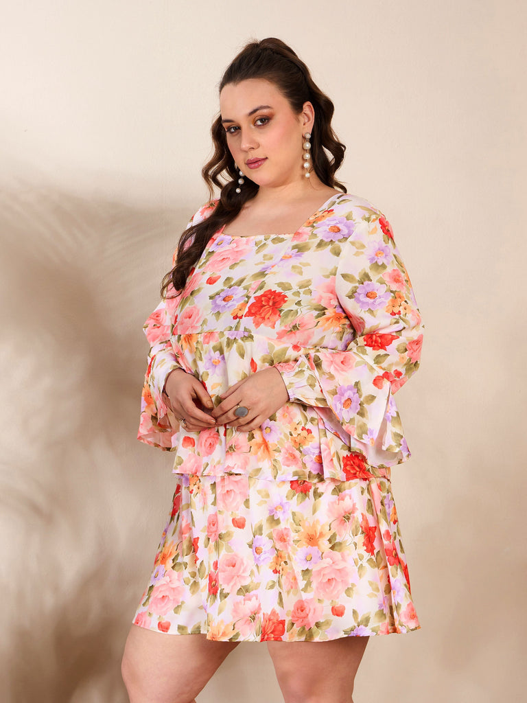 Women's Beige Floral Full Sleeves Short Dre