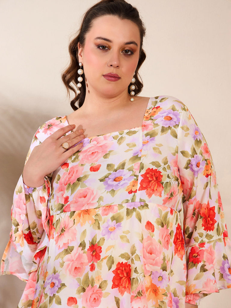 Women's Beige Floral Full Sleeves Short Dre