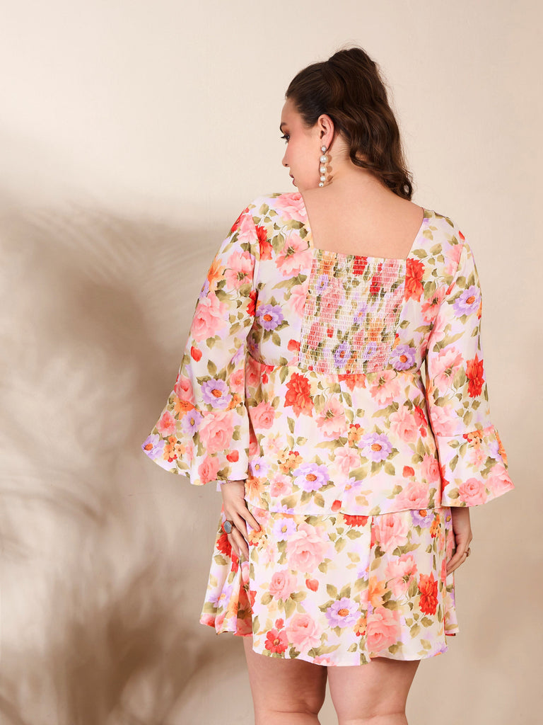 Women's Beige Floral Full Sleeves Short Dre