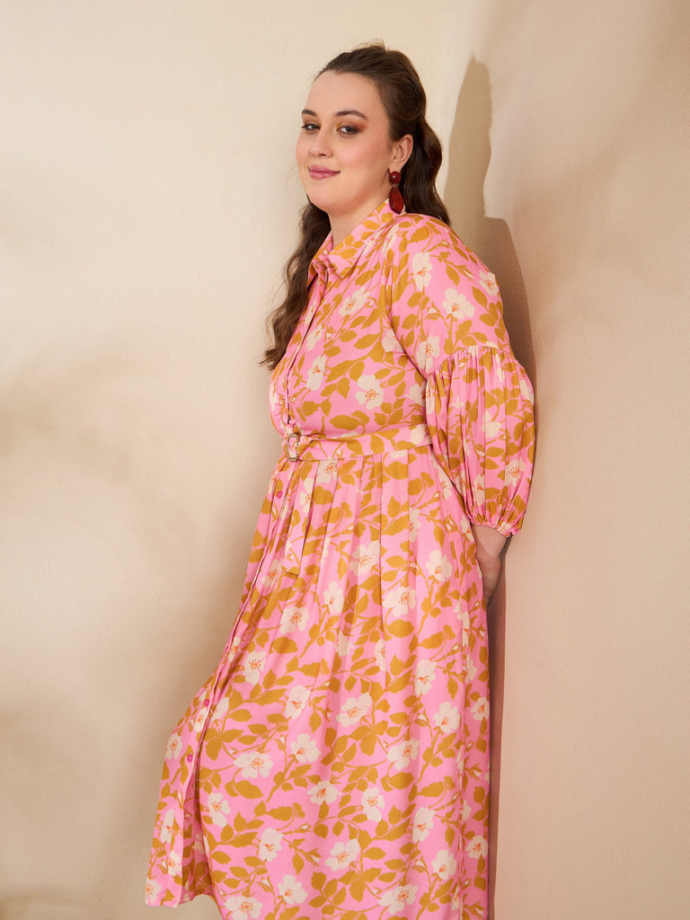 Women's Pink Floral Collar Neck Midi Dre