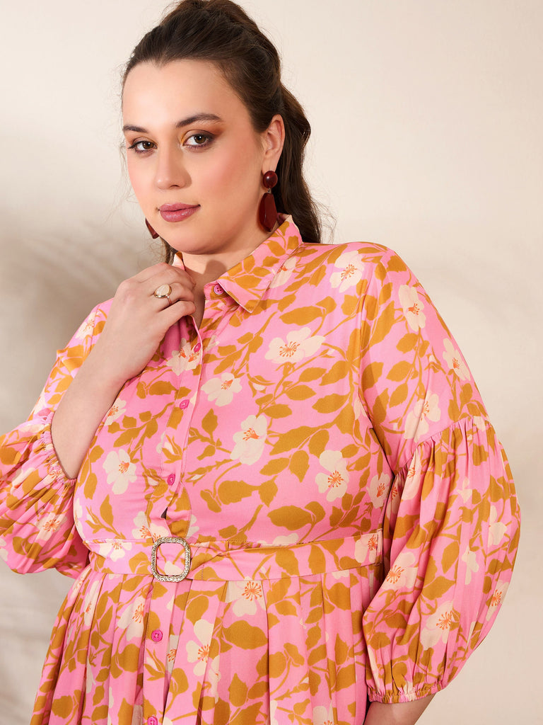 Women's Pink Floral Collar Neck Midi Dre