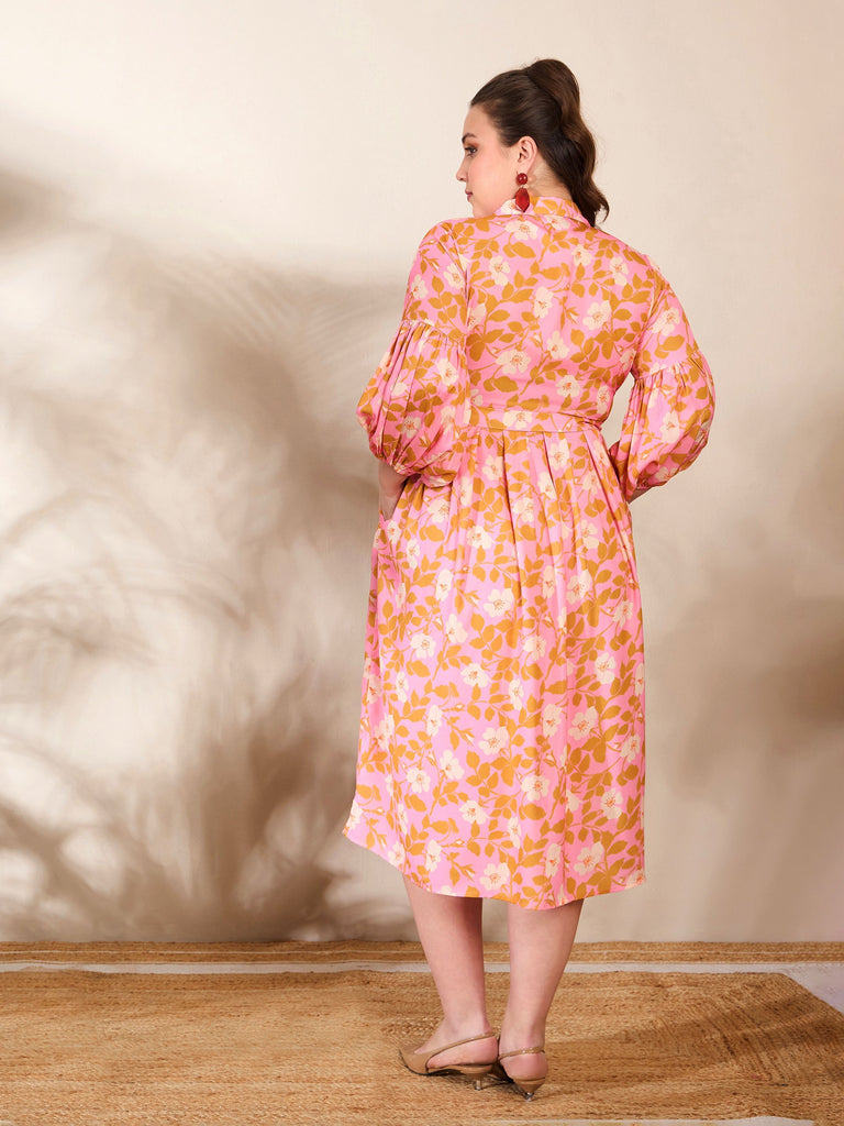 Women's Pink Floral Collar Neck Midi Dre