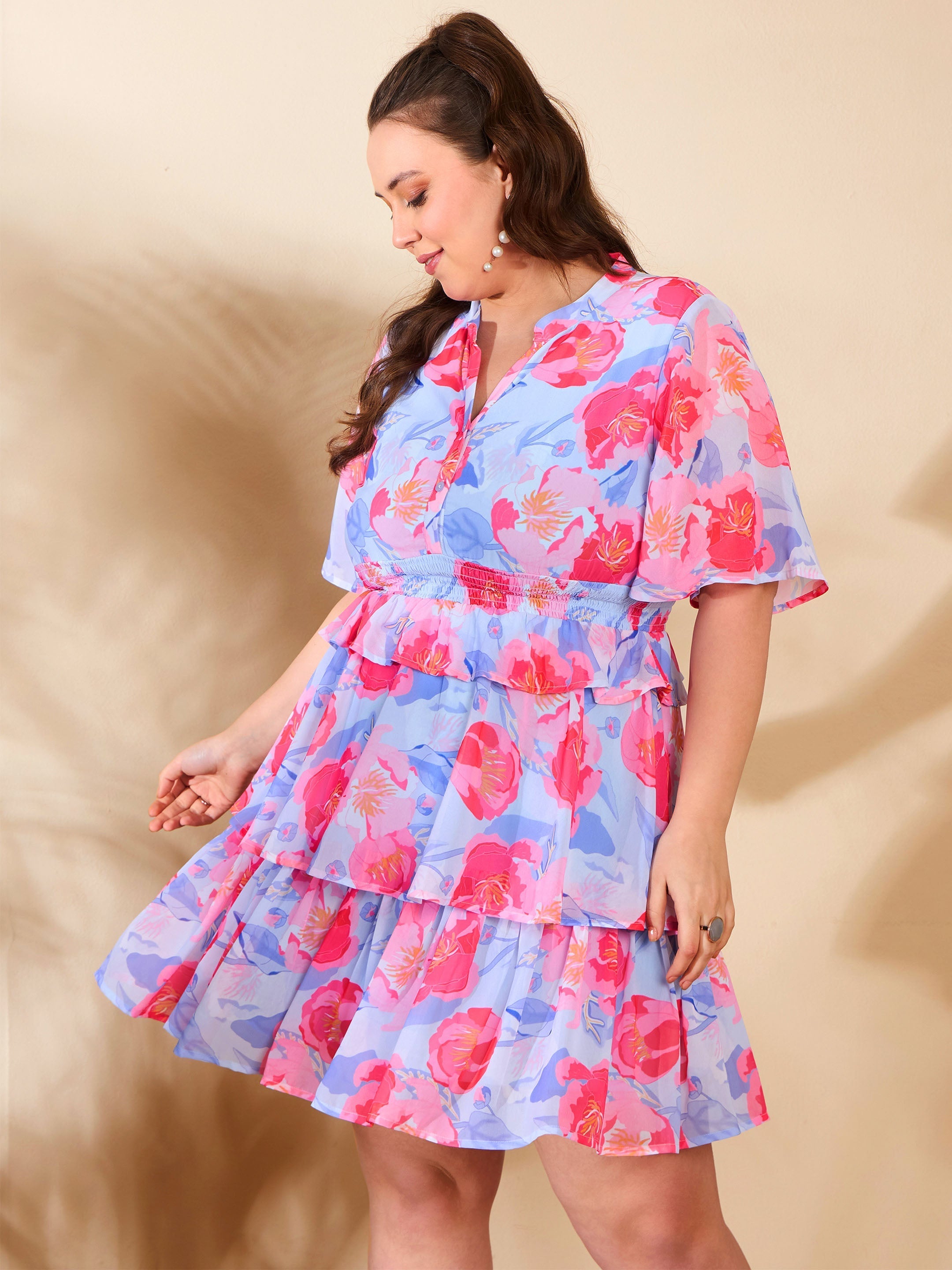 Women's Blue Floral Tired Knee Length Dress-SASSAFRAS